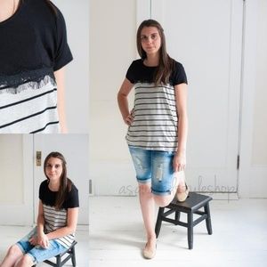 Black Striped Top with Lace Detail